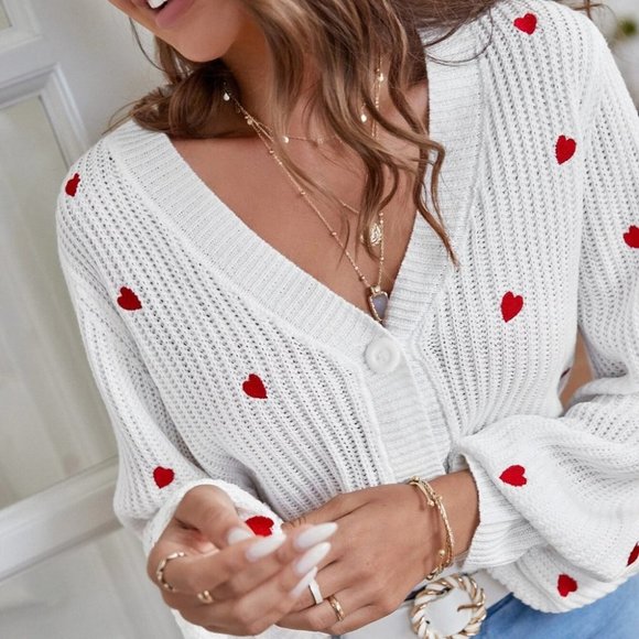 Heart Embroidered Bishop Sleeve knit Sweater Cardigan - Picture 2 of 5